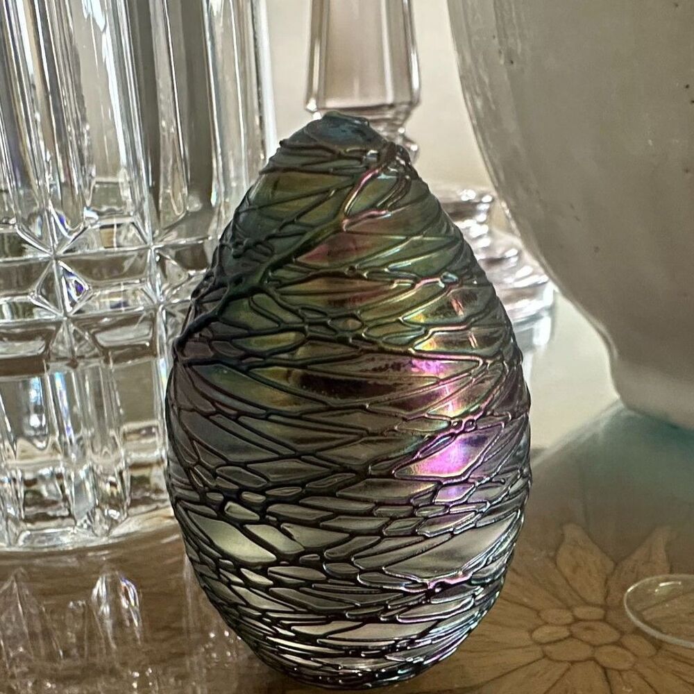 Vintage Mt. St. Helen Volcanic Ash Iridescent Blown Glass Egg Paperweight | Art